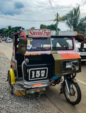 A colorful motorized rickshaw with a 'Special Trip' sign is parked on the side of a paved road. The vehicle has a black and white number plate reading '157'. It appears slightly worn and has various stickers on its body. The background includes several palm trees, electrical wires, and a partly cloudy sky with other vehicles visible on the road.