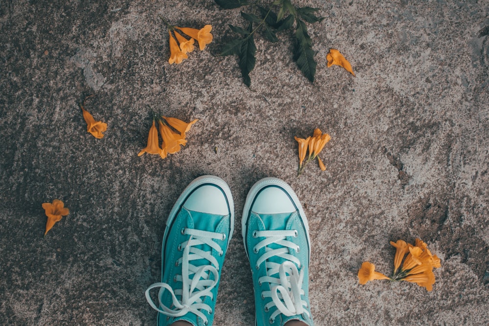 person wearing blue-and-white sneakers