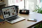 A workspace featuring a laptop displaying a variety of images, next to a pencil case with pens, a smartphone, and a book. The setting includes a potted plant and desk organizer, suggesting a creative and organized environment.