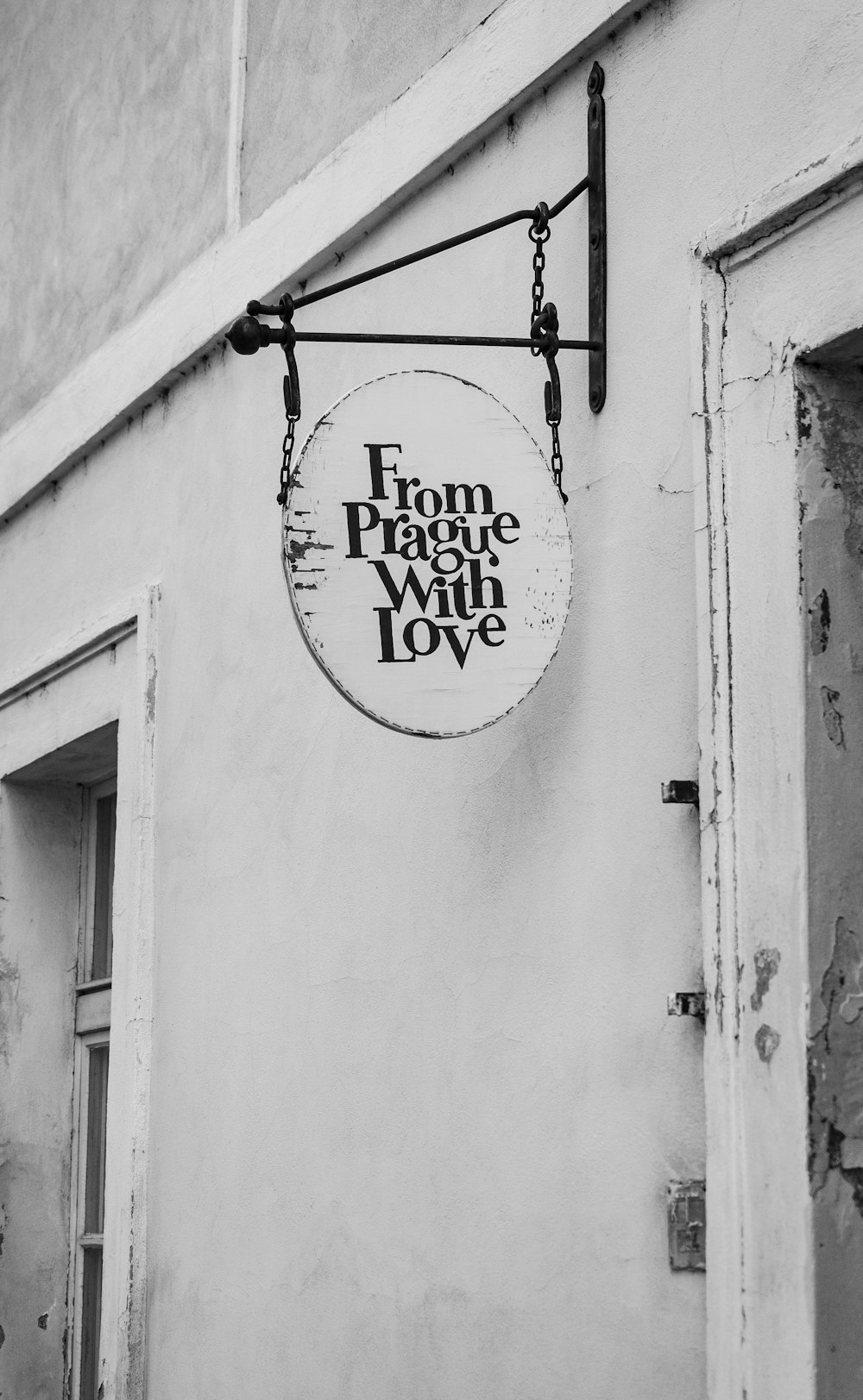 white From Prague with Love-printed wooden hanging signage