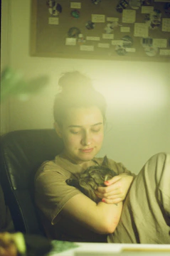 A caring staff member administering medication to a calm cat in a cozy recovery room filled with soft blankets and toys.