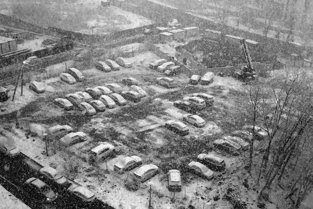 aerial view of vehicles park at the parking area during winter
