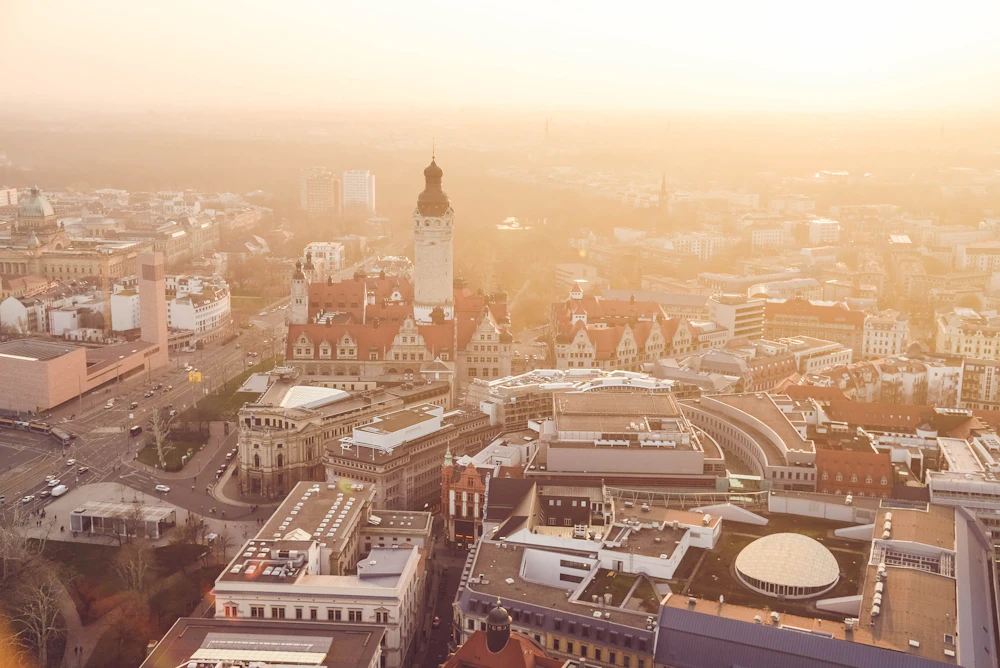 Panorama zabudowy Lipska z lotu ptaka