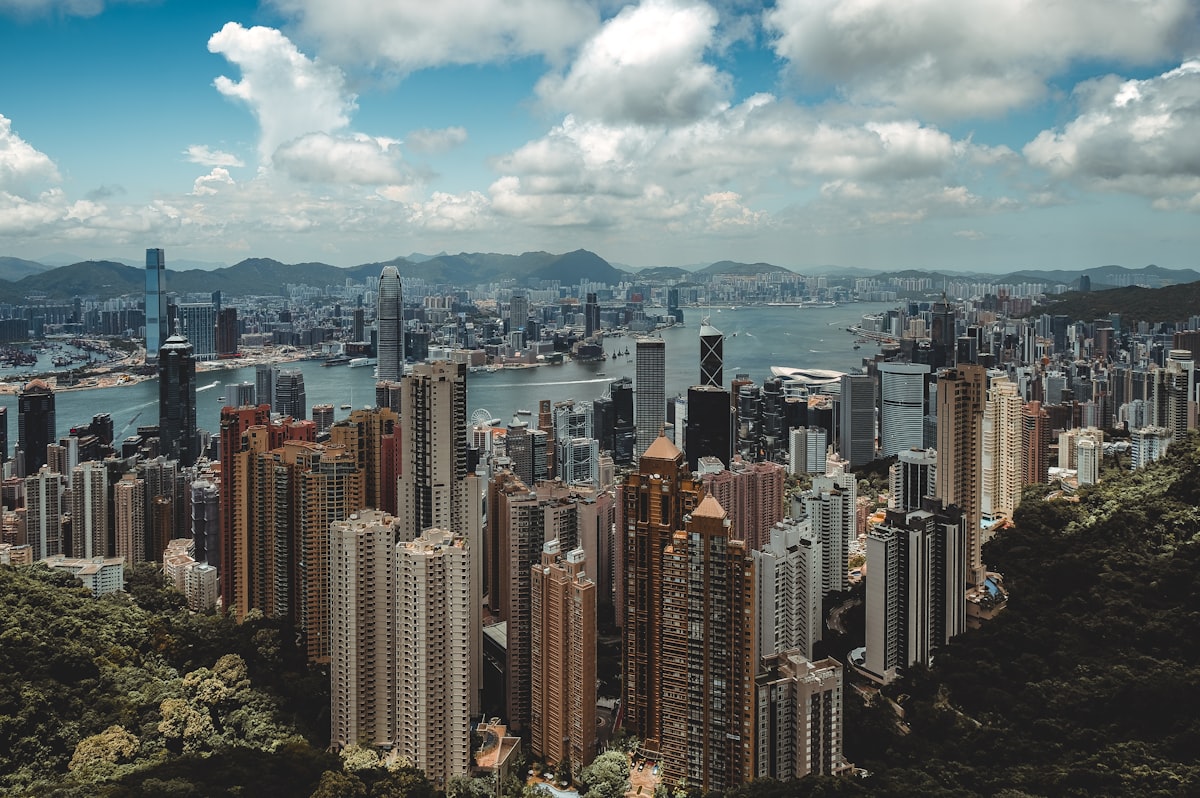 Hong Kong October — perfect clear skyline from Tsim Sha Tsui waterfront in autumn