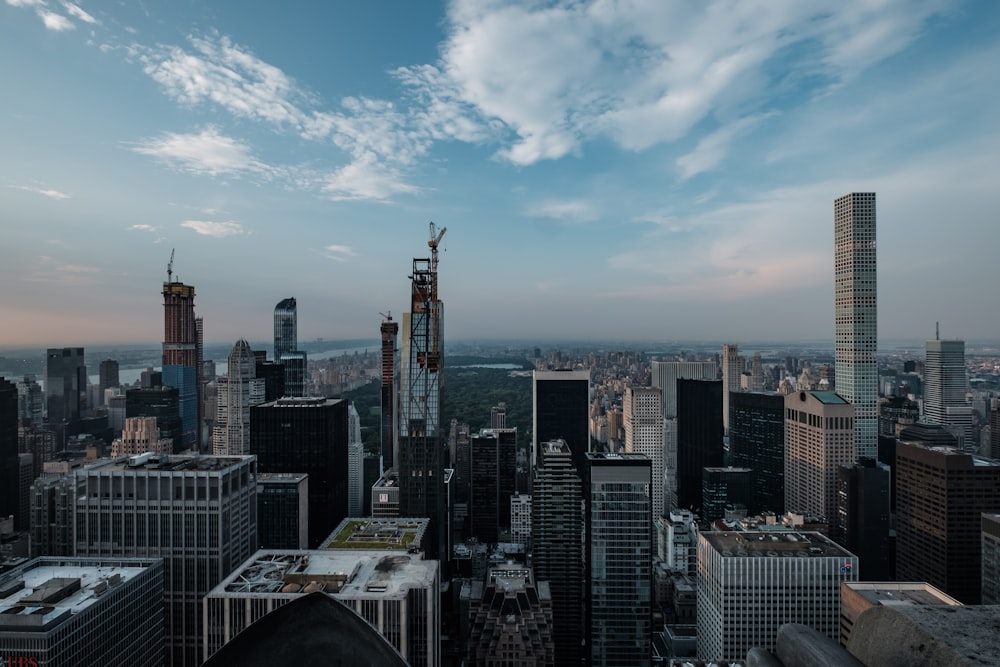 aerial view of buildings under cloudy sky