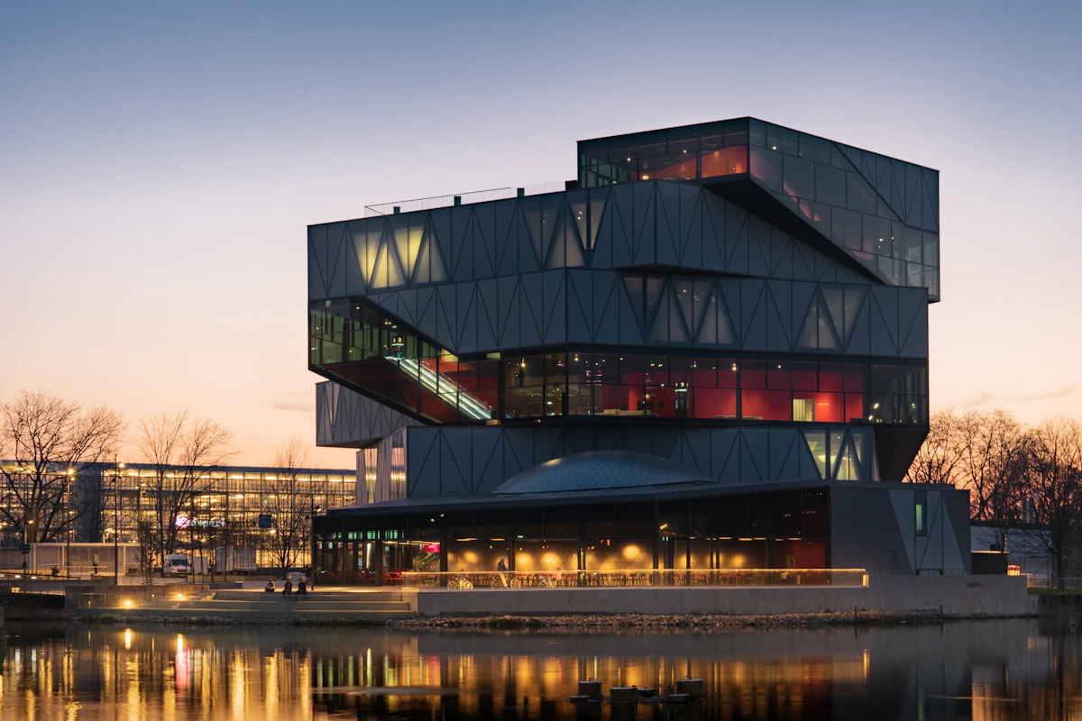 The experimenta science centre in Heilbronn at dusk