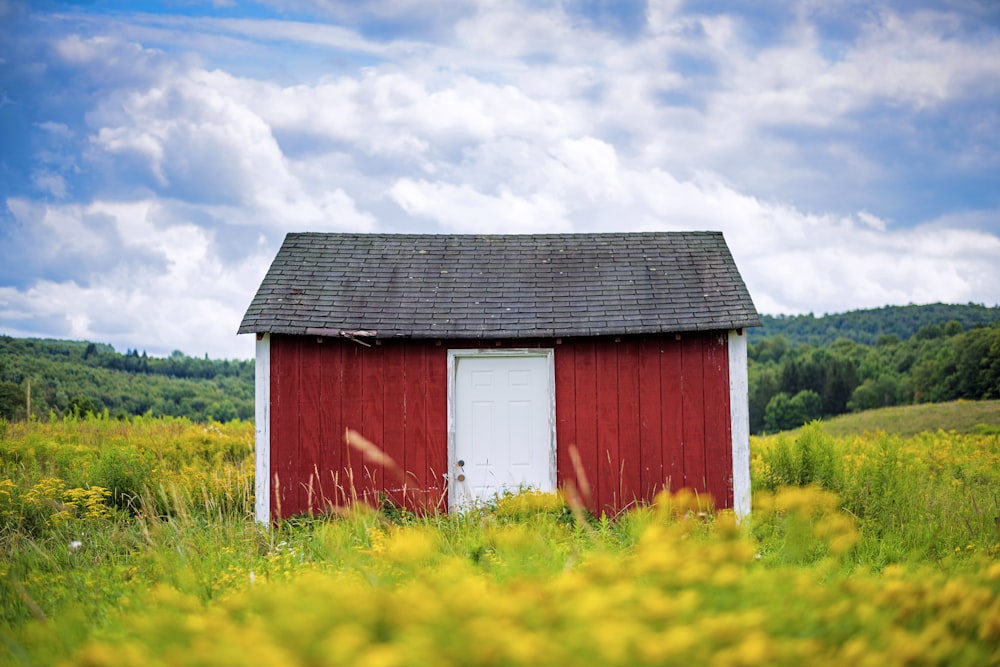 草原に囲まれた赤と白の木造の納屋