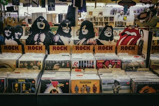 A vinyl record store display featuring cardboard cutouts of band members and symbols, with labeled sections for rock albums. Various album covers, including recognizable bands, are visible. The background shows more records and music memorabilia.