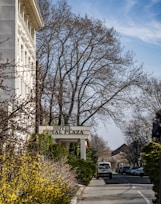 A sidewalk lined with bushes and trees leads to the entrance of a hotel named 'Royal Plaza'. A row of parked cars lines the street on the right, and a van is seen driving along the road. The trees are bare, indicating a winter or early springtime setting.