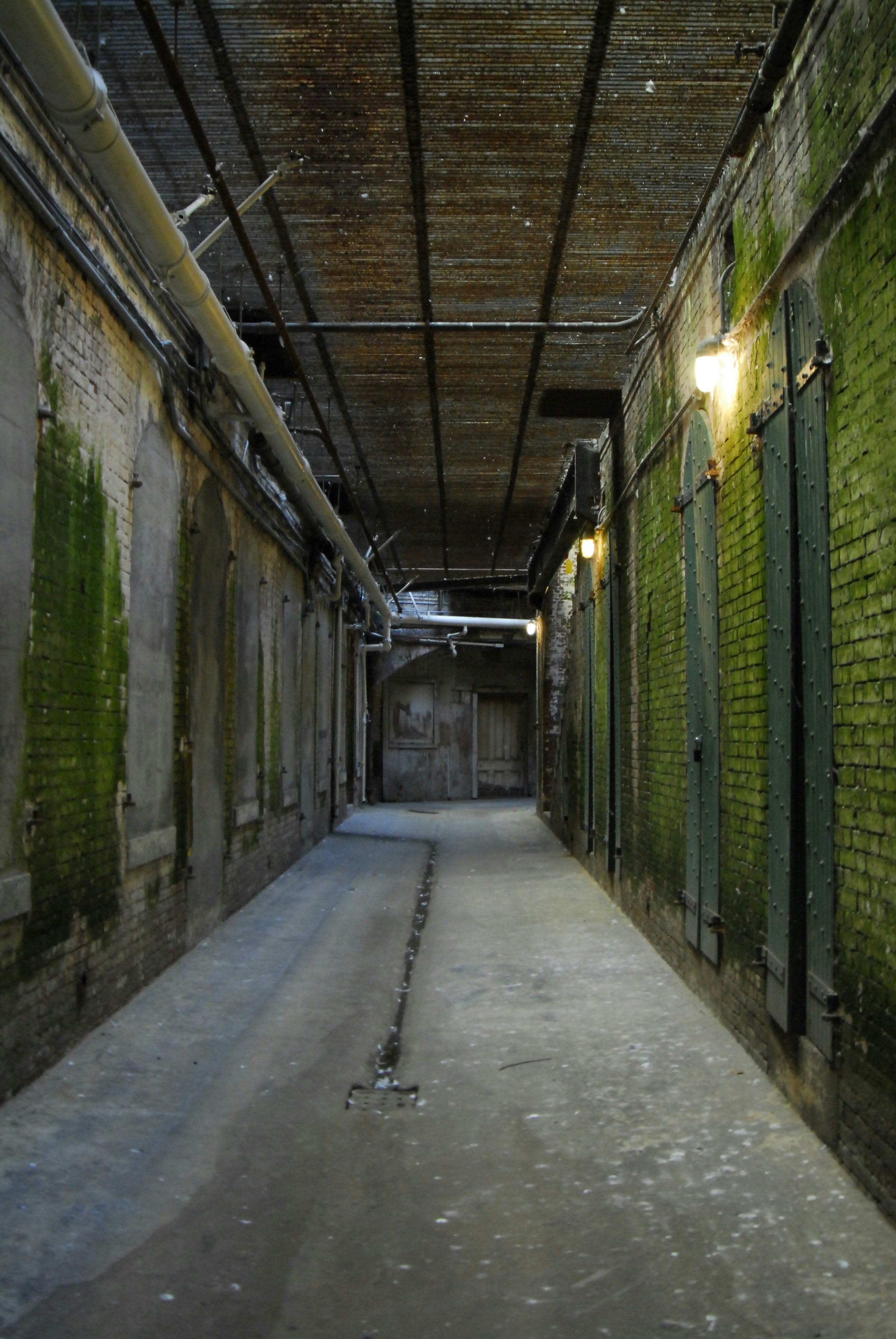 Dark haunted corridor with eerie green light and unsettling shadows on stone walls