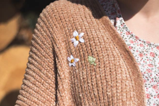 Close-up of a cozy walnut-colored knit top with crimson floral embroidery, styled on a mannequin in a sunlit boutique corner.