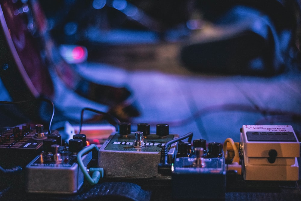 multi-colored guitar distortion and guitar pedals