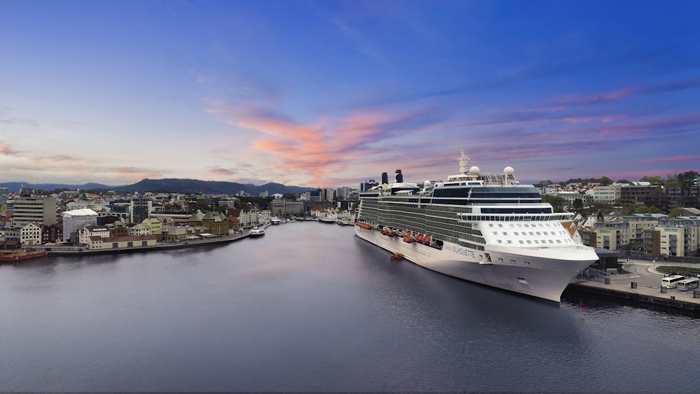 white cruise ship on harbour during golden hour