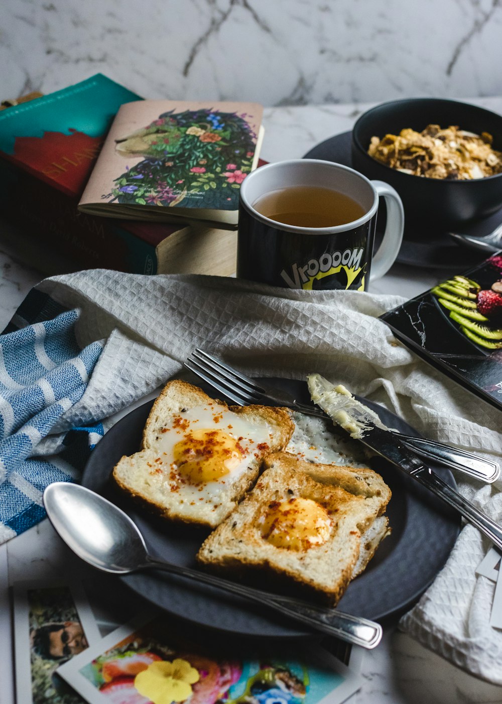 breads on plate by filled mug