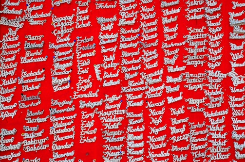Silver nameplate necklaces are displayed against a vibrant red background. Each necklace is pinned individually and features a variety of names in a cursive style.