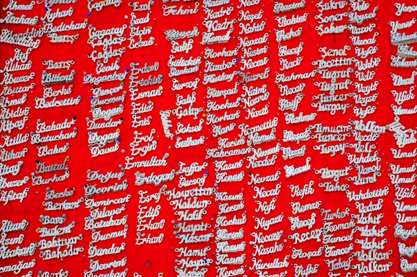 Silver nameplate necklaces are displayed against a vibrant red background. Each necklace is pinned individually and features a variety of names in a cursive style.