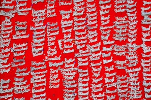 Silver nameplate necklaces are displayed against a vibrant red background. Each necklace is pinned individually and features a variety of names in a cursive style.
