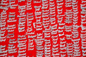 Silver nameplate necklaces are displayed against a vibrant red background. Each necklace is pinned individually and features a variety of names in a cursive style.