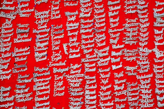 Silver nameplate necklaces are displayed against a vibrant red background. Each necklace is pinned individually and features a variety of names in a cursive style.