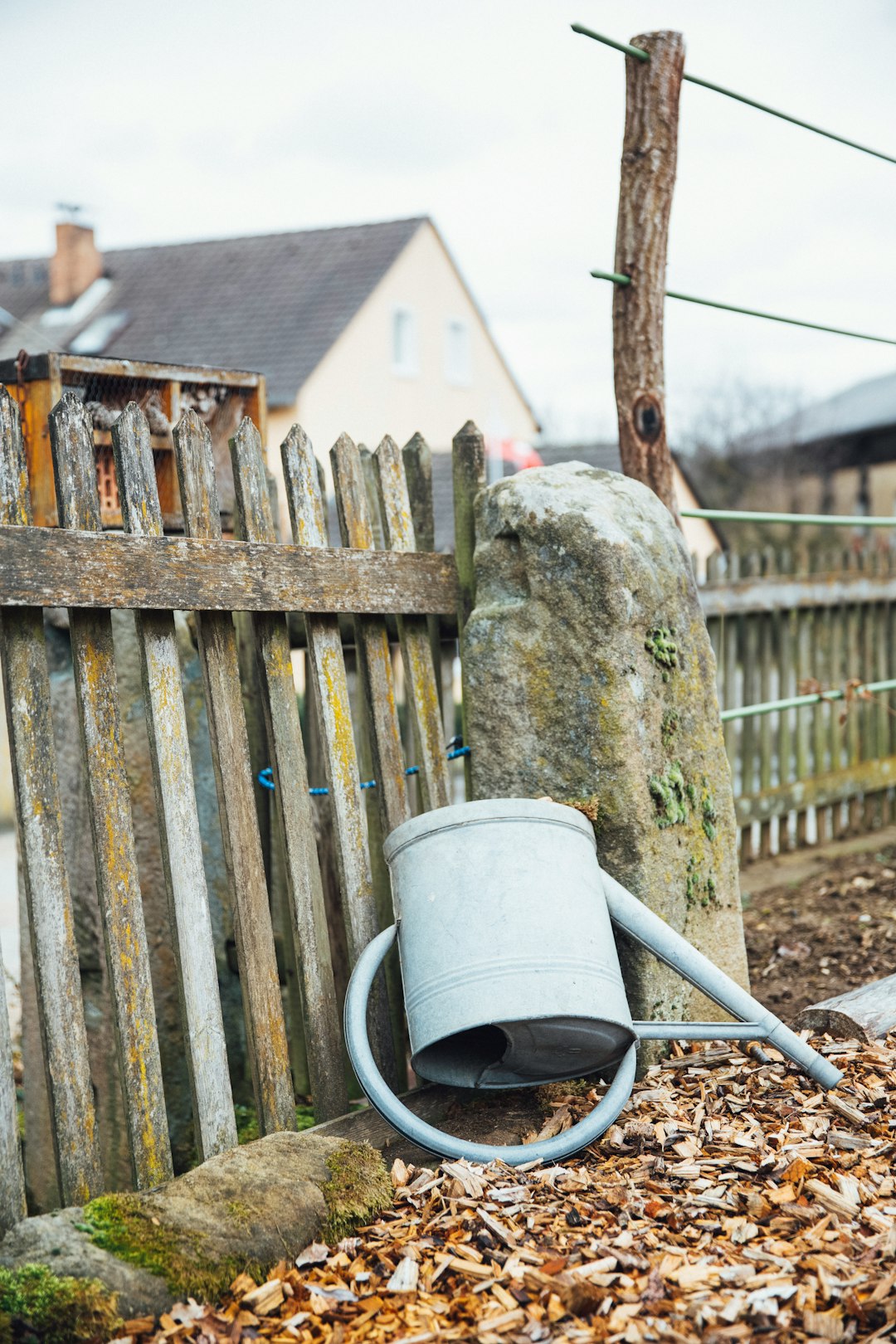 gray watering can by fence