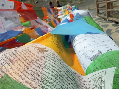 Close-up of intricate designs on a prayer flag, showcasing spiritual symbols.