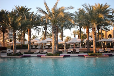 A stylish hotel poolside area with loungers and palm trees under a clear blue sky.