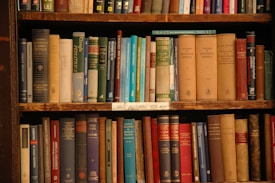 A wooden bookshelf filled with an assortment of books of various sizes and colors. The spines of the books are visible, displaying an array of titles and authors. Most books appear to have hard covers, and there is a mix of older and newer volumes. The bookshelf has three visible shelves, and a label on the middle shelf reads 'LIBROS EDITORIAL MIR MOSCÚ'.