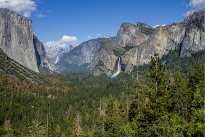 A stunning landscape featuring a lush green valley surrounded by towering granite cliffs under a partly cloudy sky. A prominent waterfall cascades down the cliffside, creating a vivid rainbow at its base.