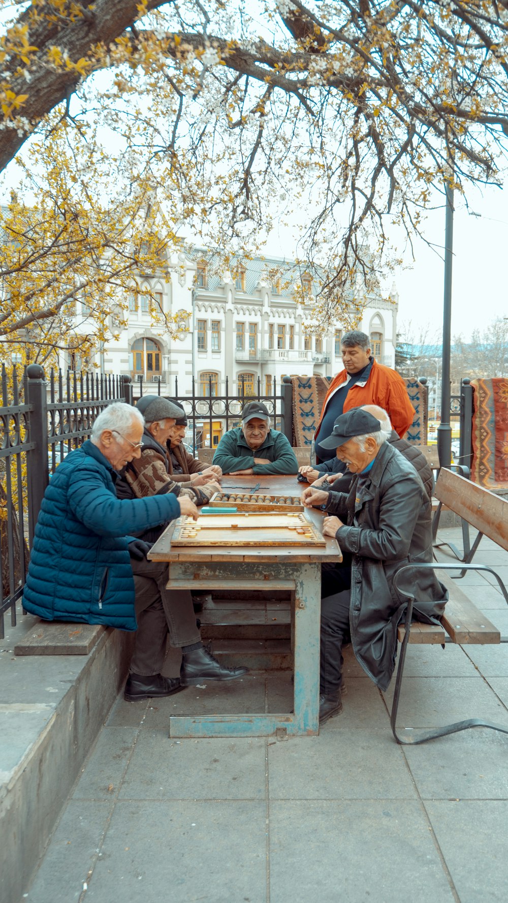 group of men sitting beside table under yellow leafed tree