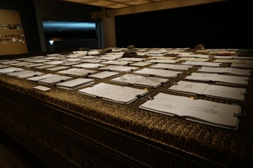 A large table surface is filled with numerous open sketchbooks, each displaying various drawings and sketches. The table has a textured surface made of layered cardboard, and the room appears dimly lit, creating a focused and contemplative atmosphere.