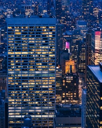 lighted buildings at night
