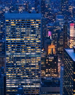 lighted buildings at night