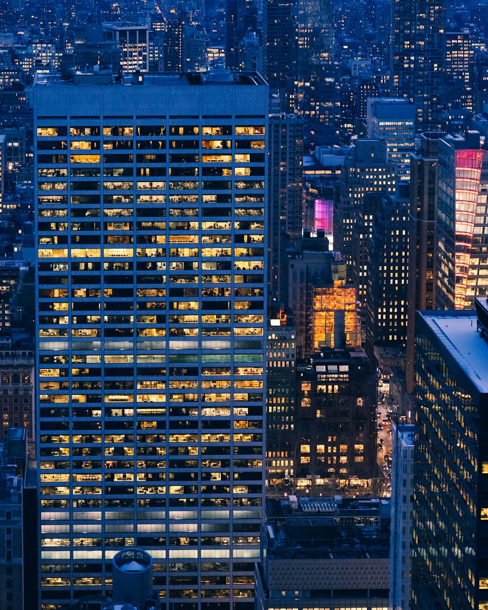 lighted buildings at night