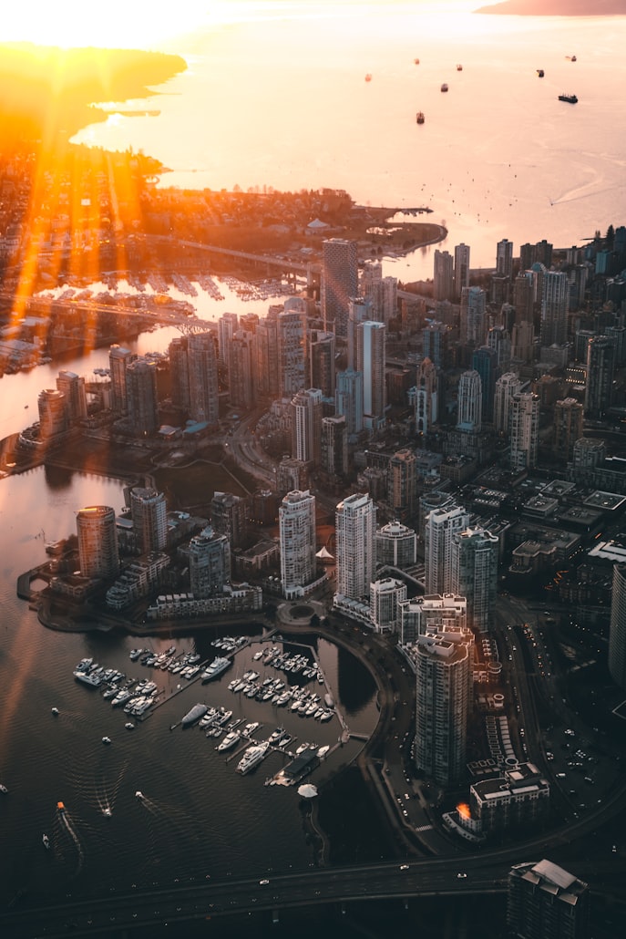 Aerial shot of vancouver, the best digital nomad city in Canada.