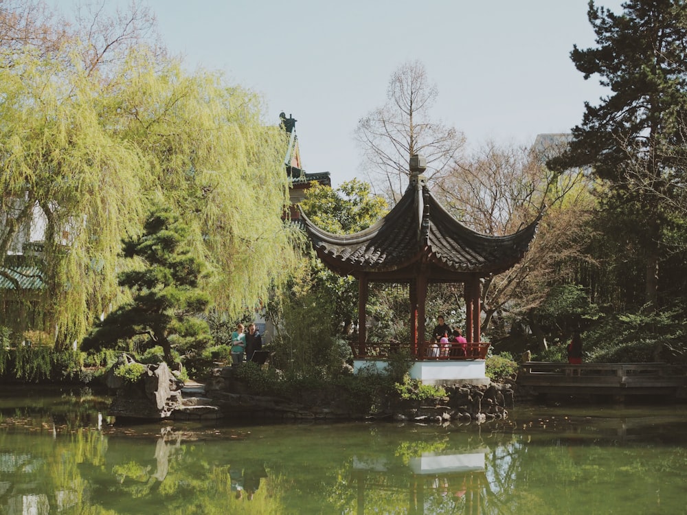 brown temple beside trees and body of water