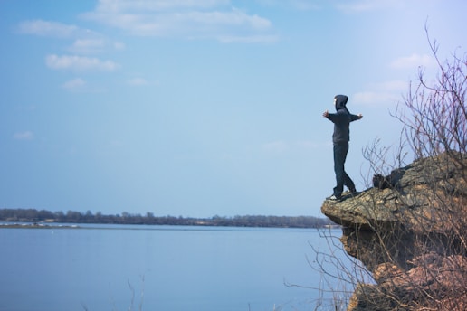 A person stands triumphantly at the edge of a rocky outcrop, overlooking a calm body of water under a clear blue sky. Sparse branches frame the scene, suggesting a wild or natural environment.