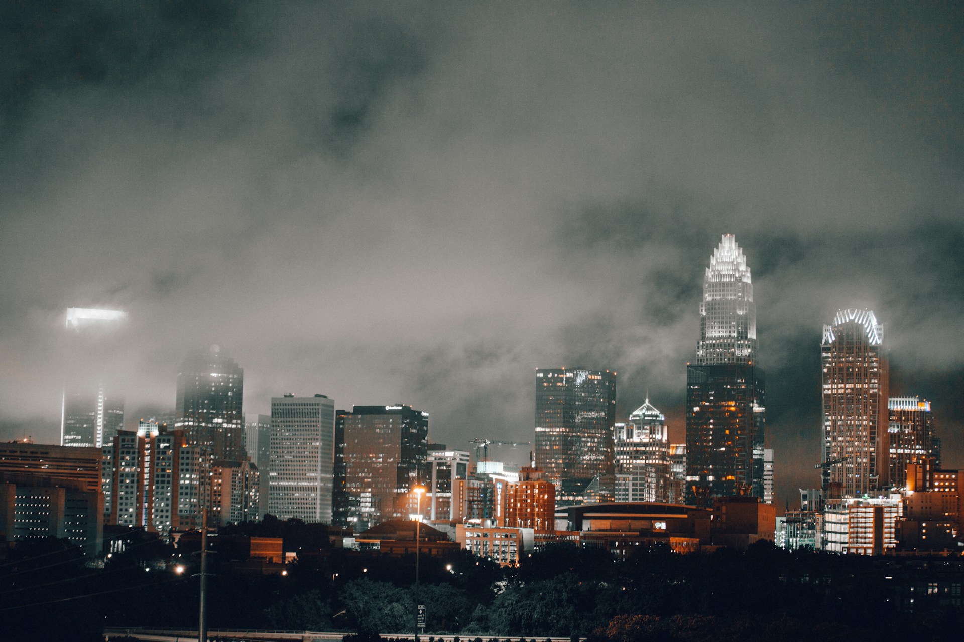 view of buildings at night