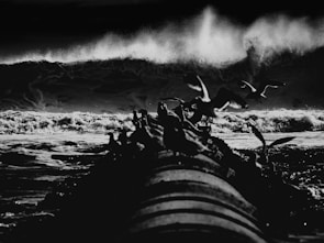 A monochromatic image capturing a dynamic scene where a flock of birds is taking flight above a tumultuous sea. The silhouette of the birds is contrasted against large crashing waves in the background, lending a dramatic effect. The foreground features part of a pipeline or similar structure leading into the water.