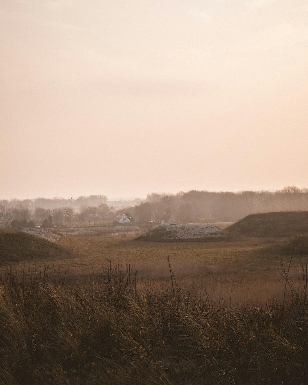 a field with a house in the distance