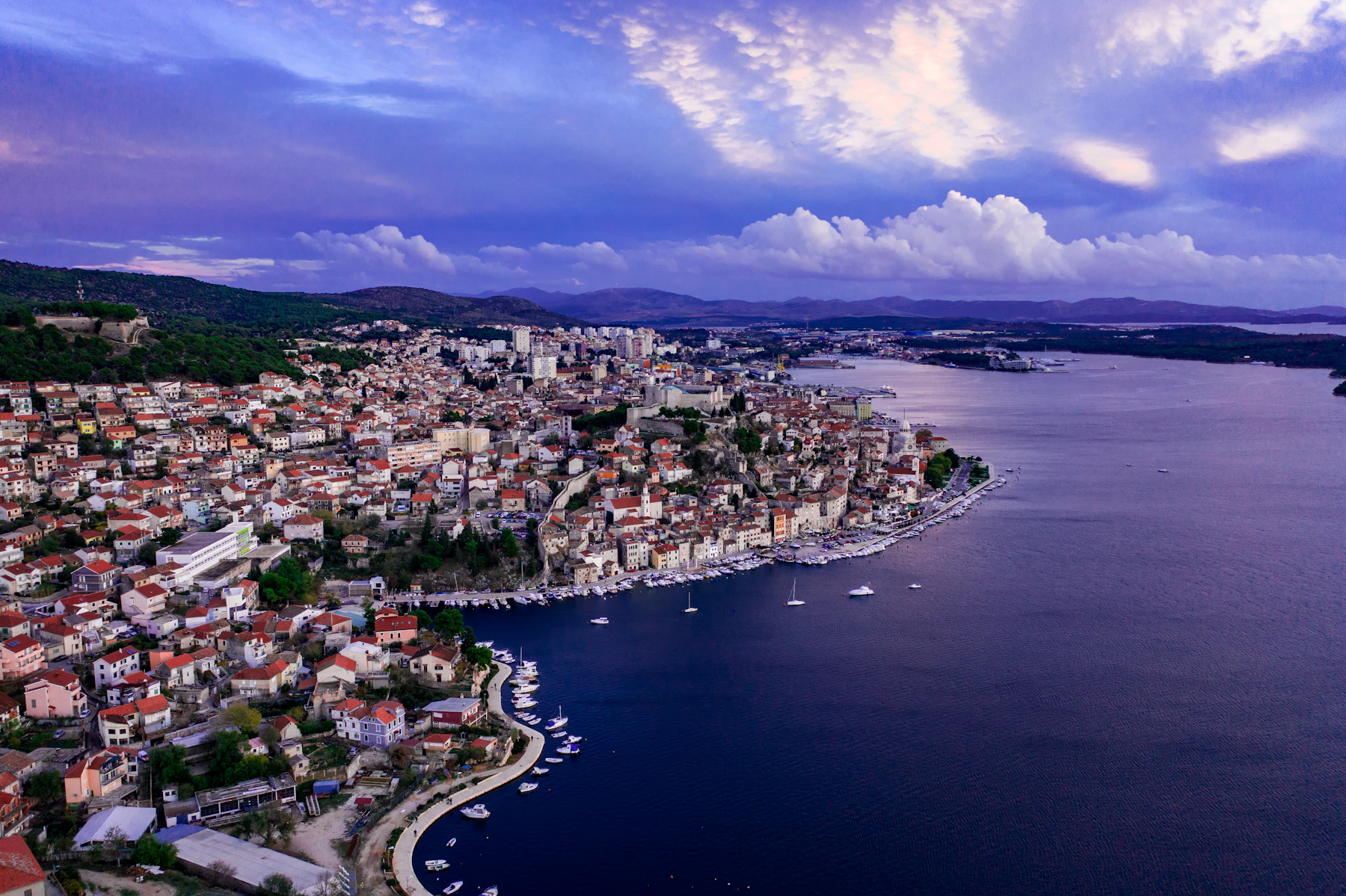 Aerial view of houses beside a narrow strip of sea.
