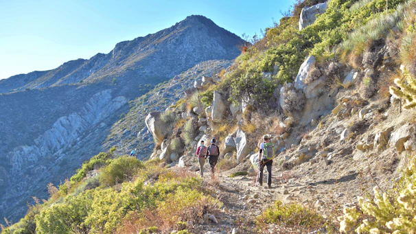 Hikers walking a scenic mountain trail in the Atlas Mountains with traditional Berber villages in the background.