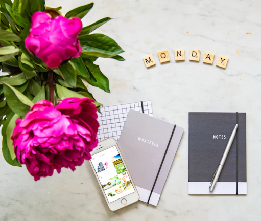 A minimalist flat lay featuring deep navy accessories representing Monday's mood.