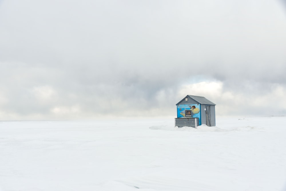 blue wooden shed on snow