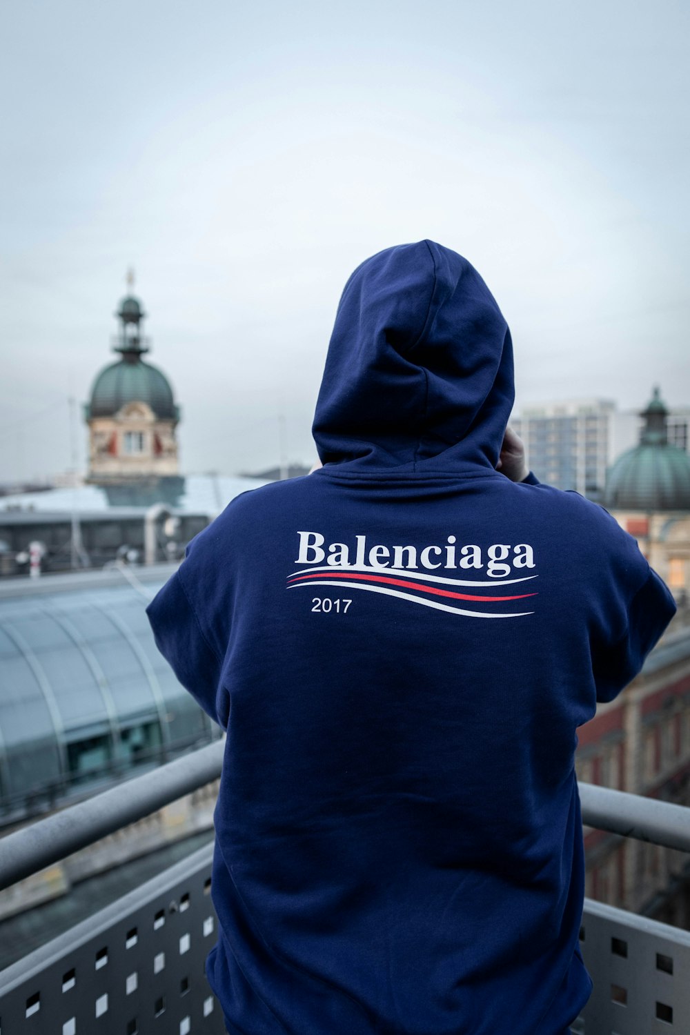 blue and white Balenciaga hoodie