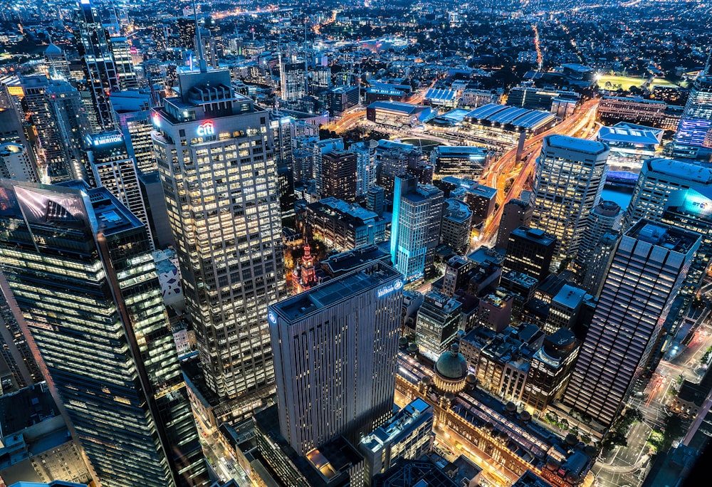 aerial view of city at night