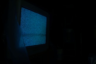 A television screen displays static noise in a dimly lit room. The screen is predominantly blue with flickers of white and black, creating a chaotic pattern. A translucent curtain or fabric is partially visible to the left of the screen, hinting at a private or enclosed space.