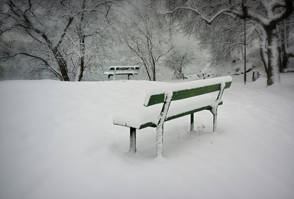 雪に覆われた緑のベンチ