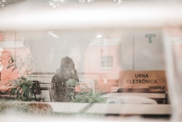 A room viewed through a window, featuring a person seated at a desk. There is an electronic voting machine box labeled 'Urna Eletrônica' next to the person. Several plants are visible, and the scene appears calm and softly lit.