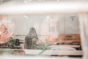A room viewed through a window, featuring a person seated at a desk. There is an electronic voting machine box labeled 'Urna Eletrônica' next to the person. Several plants are visible, and the scene appears calm and softly lit.