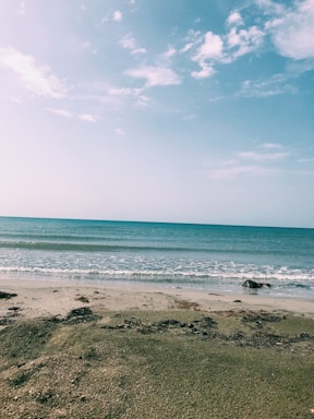 A serene beach scene with a person looking out at the ocean horizon.